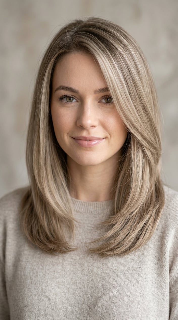 Close-up portrait of a woman with sandy ash blonde hair featuring subtle highlights, looking calmly at the camera against a neutral background.