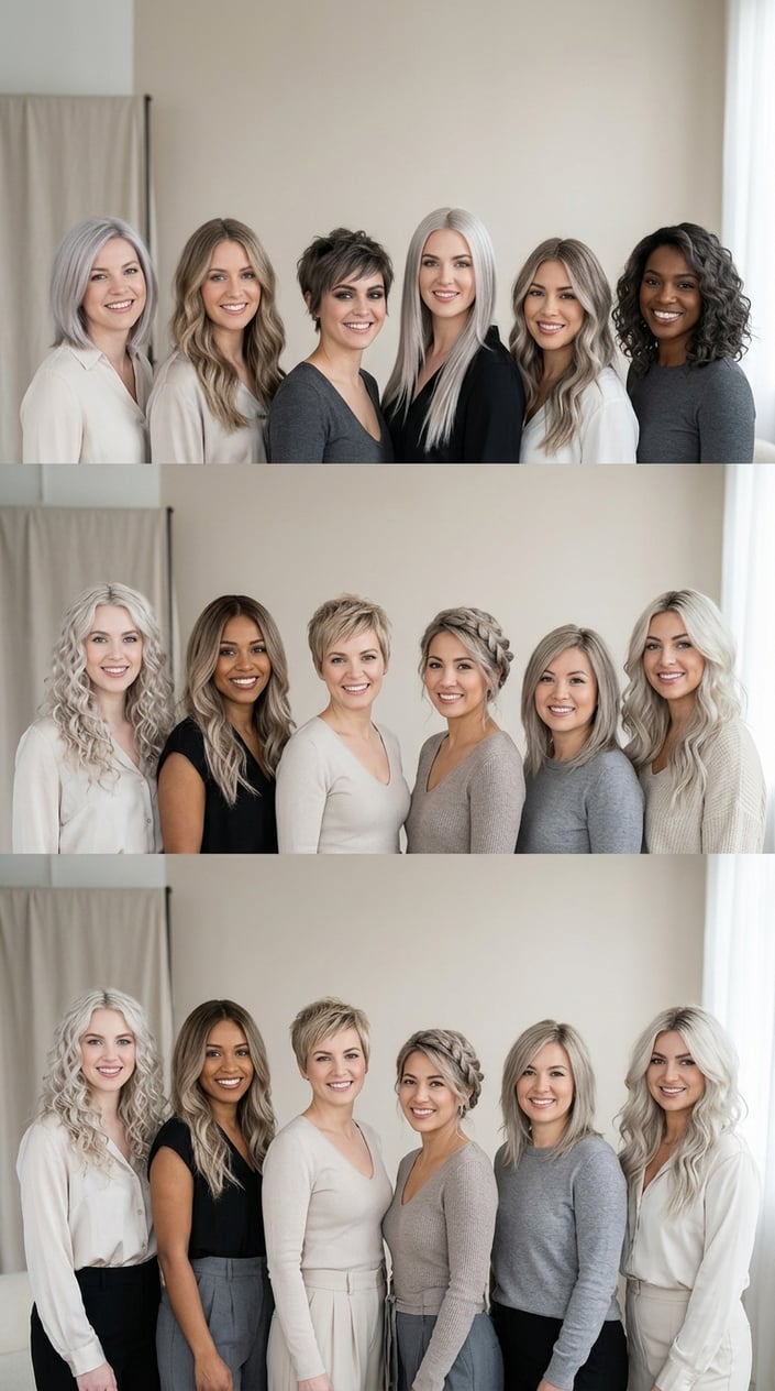 A group of women with various ash blonde hair shades and hairstyles standing together in a well-lit studio.