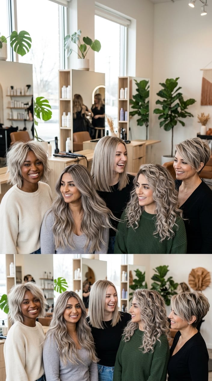 A group of women with different ash blonde hairstyles posing in a bright salon environment.