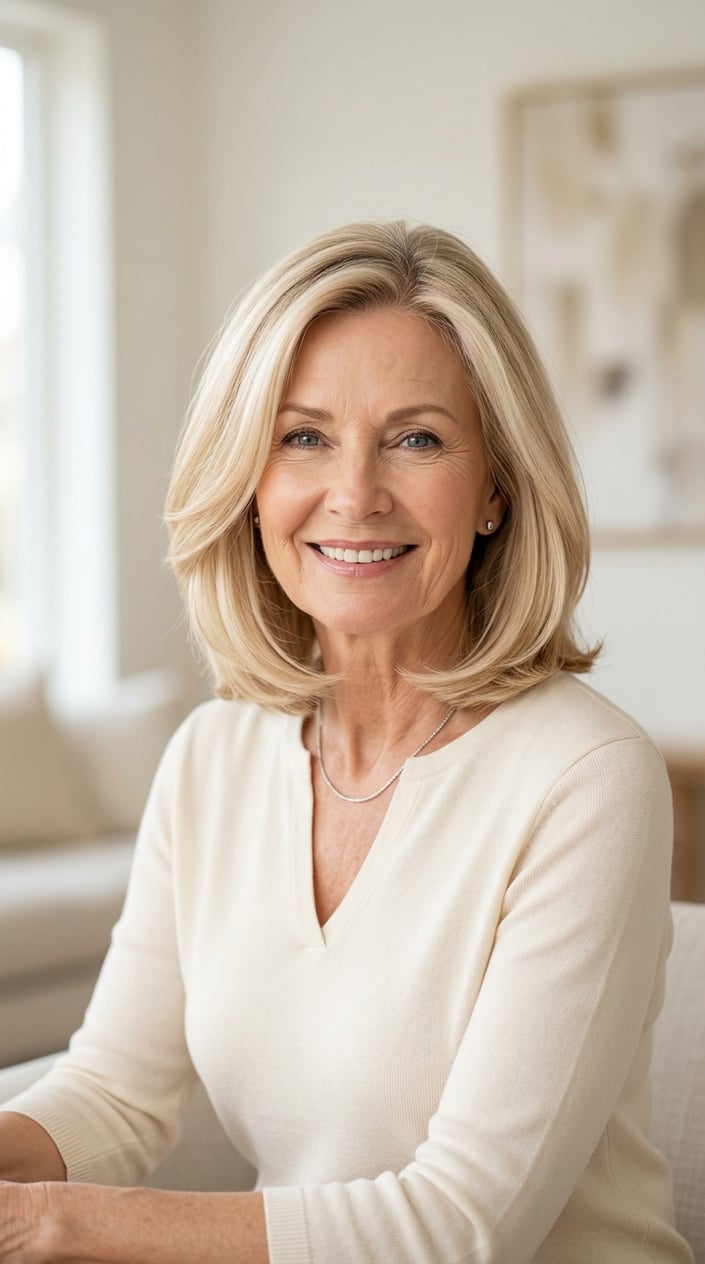 An older woman with a short blonde bob hairstyle smiles gently against a plain background.