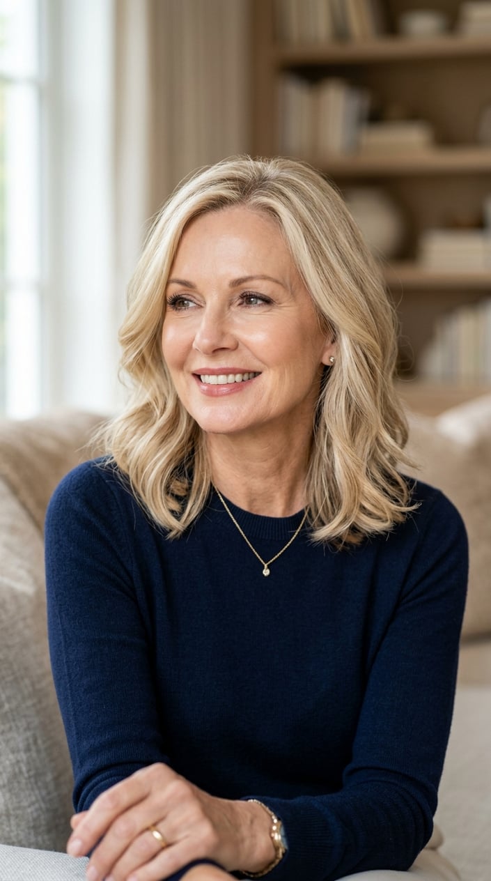 An older woman with a creamy champagne blonde lob hairstyle and face-framing highlights, smiling gently against a softly blurred neutral background.