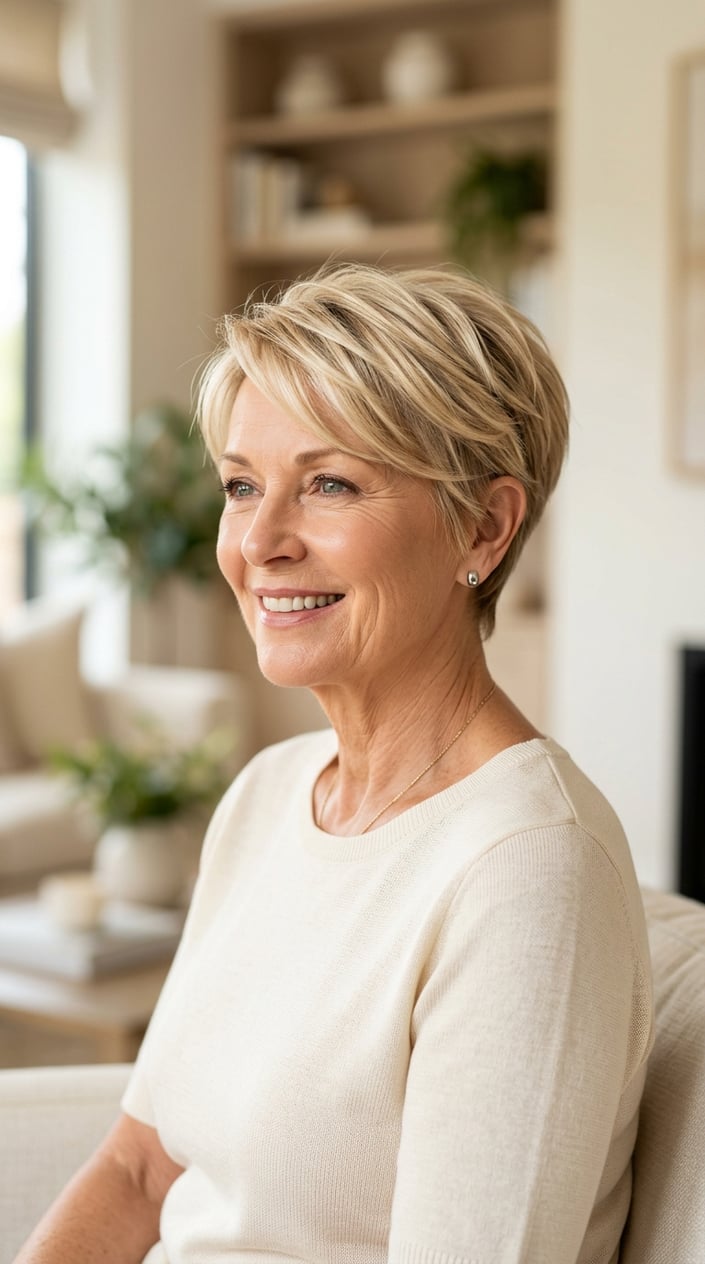 An older woman with golden champagne blonde pixie cut hair smiling softly against a blurred neutral background.