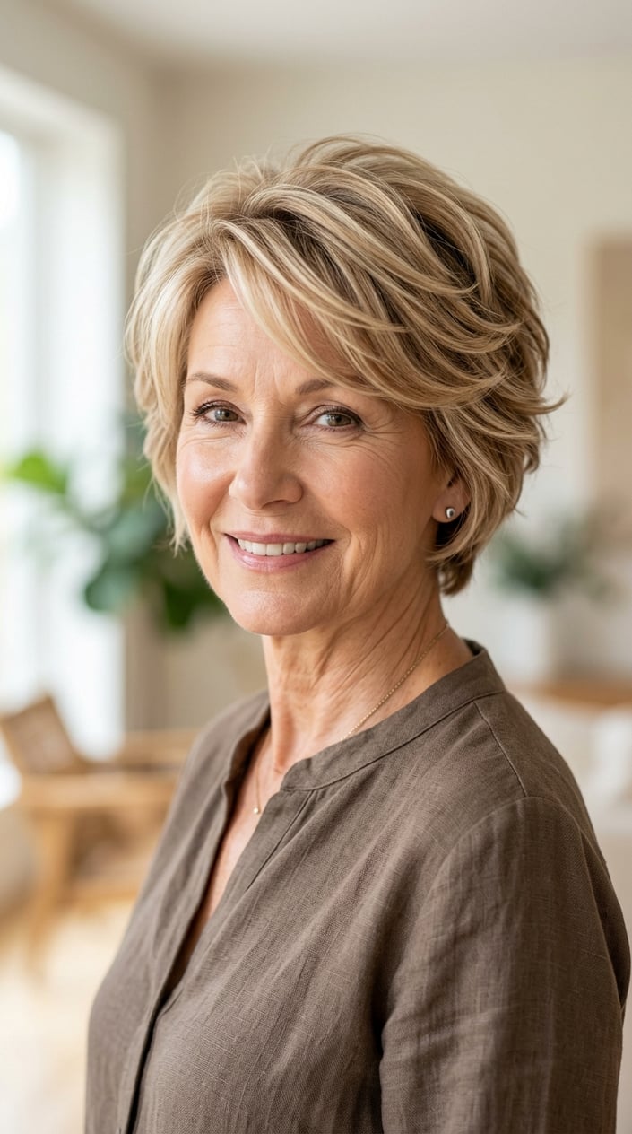 An older woman with a beige-champagne blonde layered crop hairstyle smiling softly against a light background.