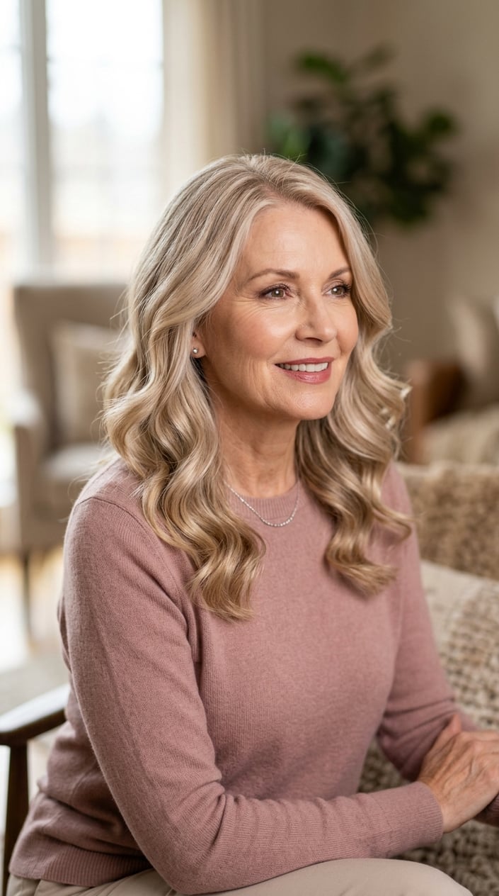 Older woman with shoulder-length wavy blonde hair smiling softly against a blurred neutral background.