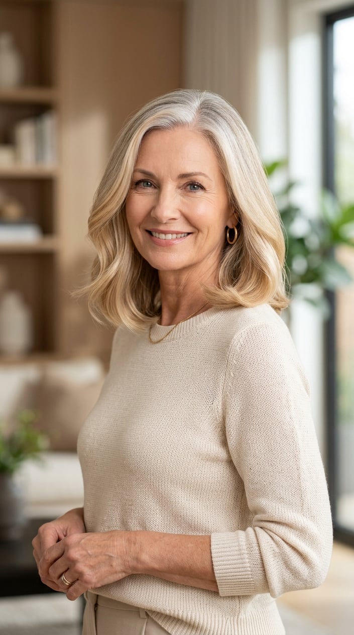 An older woman with champagne blonde hair and silver roots smiling gently against a bright background.
