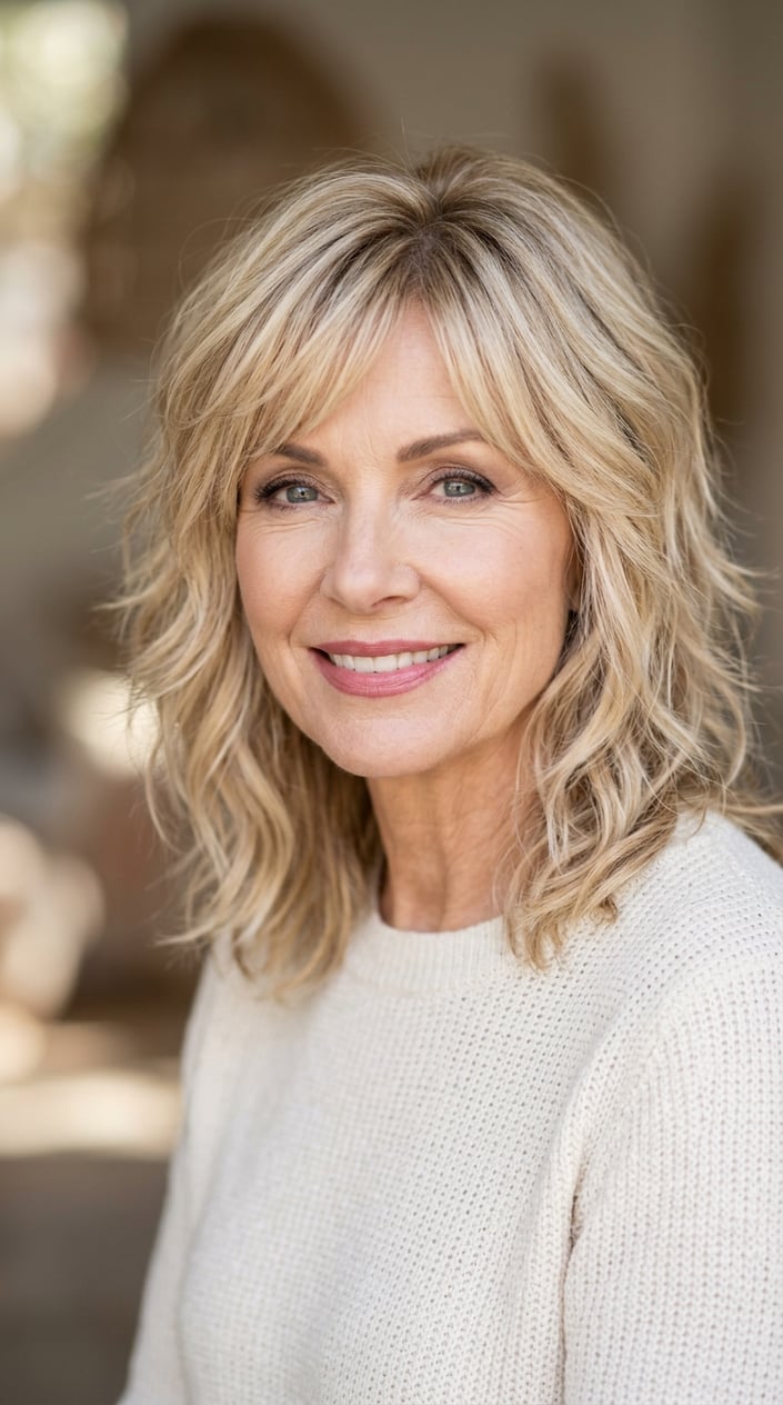 An older woman with warm champagne blonde hair styled in a layered haircut, smiling gently against a neutral background.