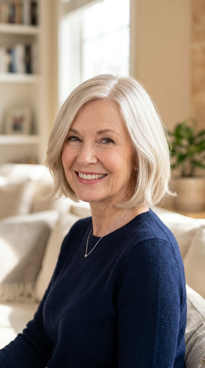 An older woman with a chin-length blonde bob smiling against a softly blurred background.