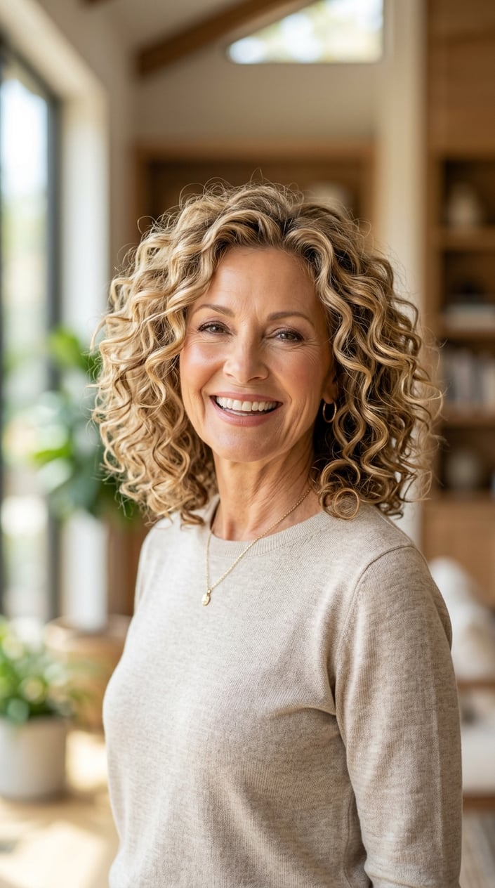 An older woman with honey-champagne blonde curly hair with dimensional lowlights, smiling gently against a neutral background.