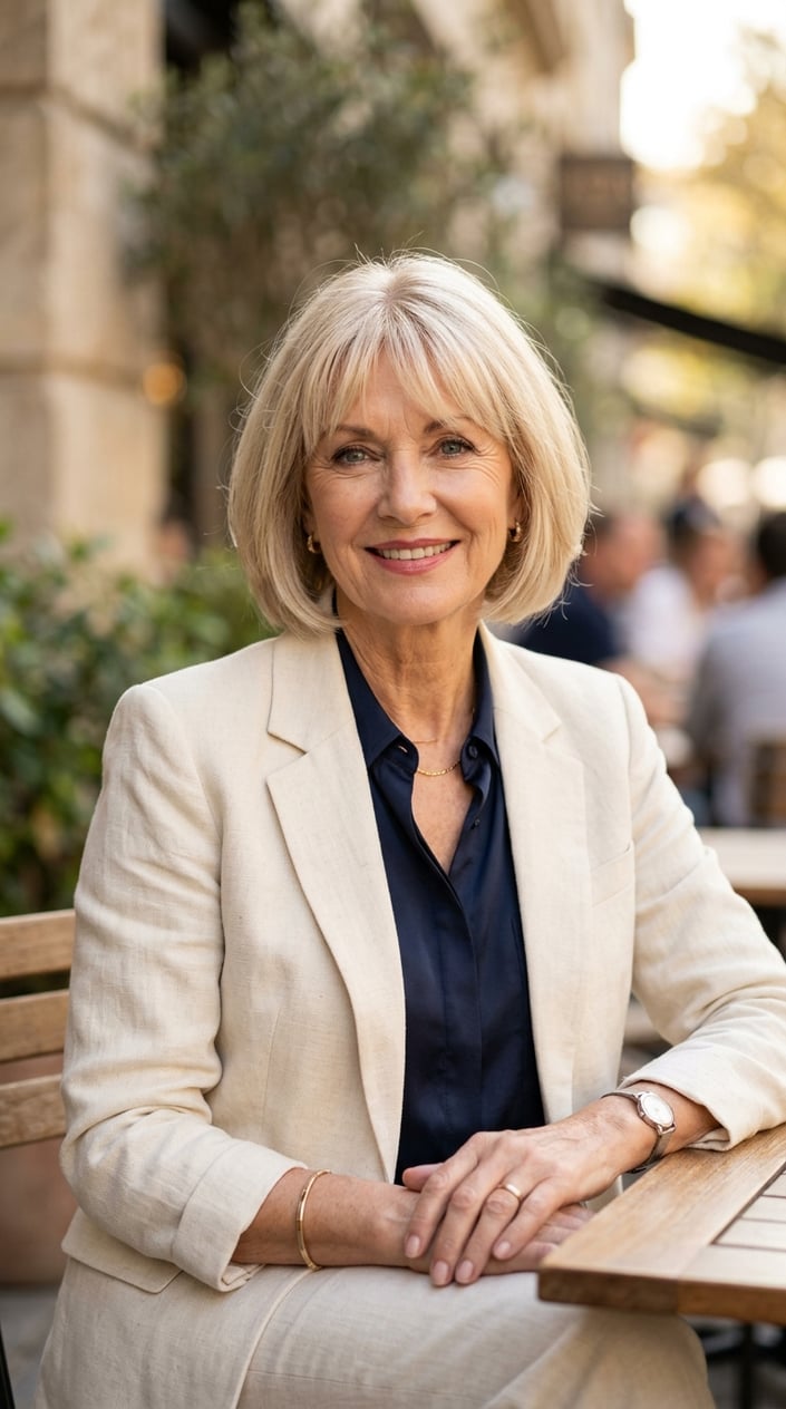An older woman with champagne blonde bob haircut and wispy bangs smiling softly against a neutral background.