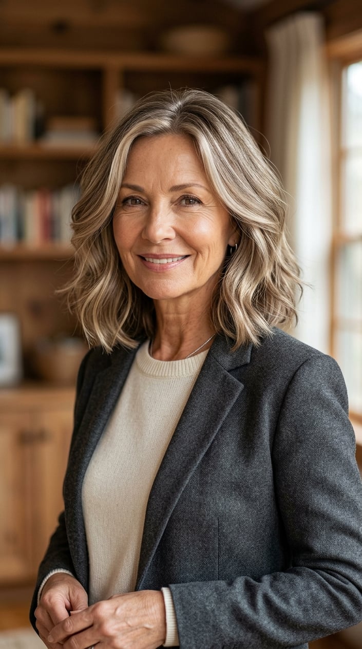 An older woman with a mushroom-champagne blonde textured lob haircut smiling softly against a warm, blurred background.