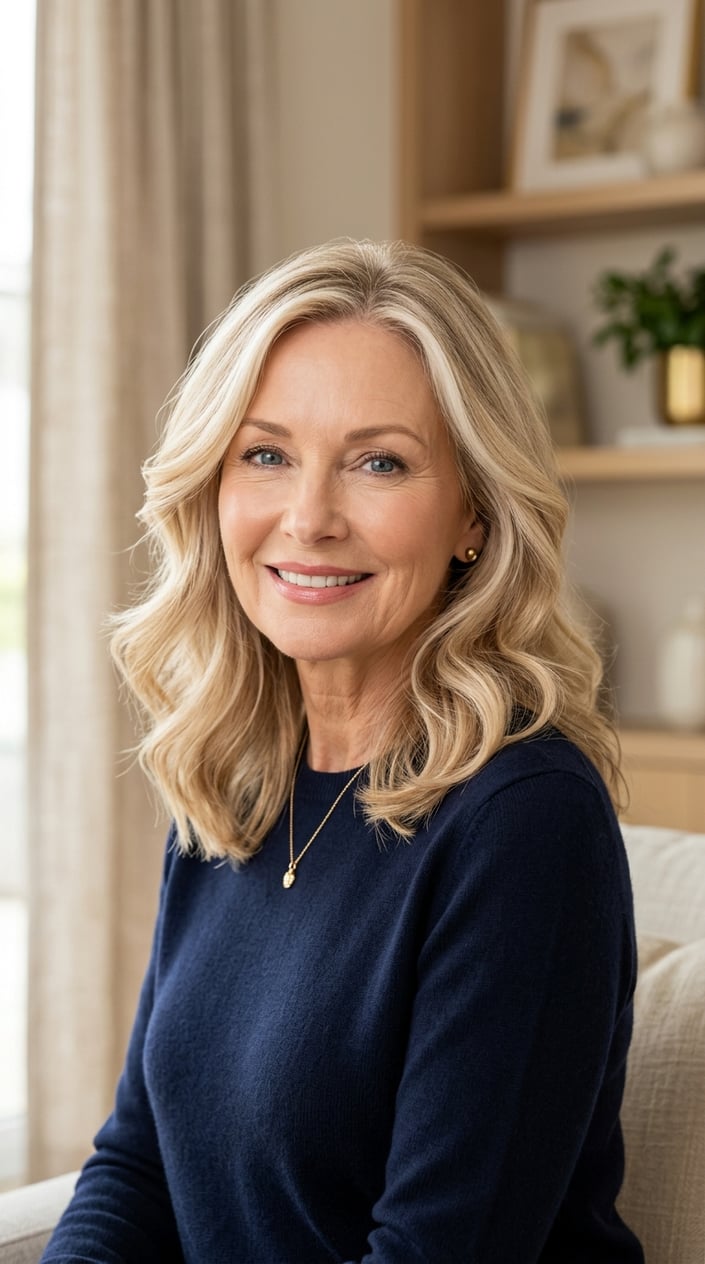 An older woman with champagne blonde soft wavy hair and money piece highlights, smiling gently against a warm blurred background.