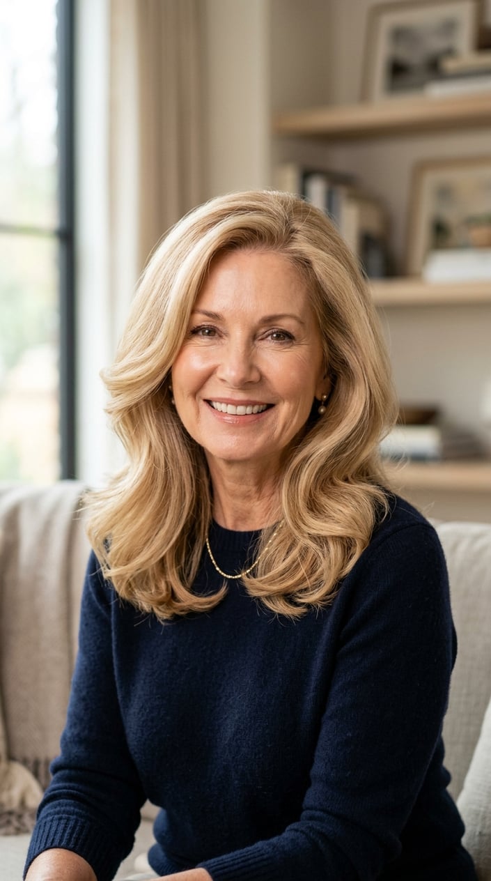 An older woman with shiny champagne blonde hair styled in soft waves, smiling gently against a blurred neutral background.