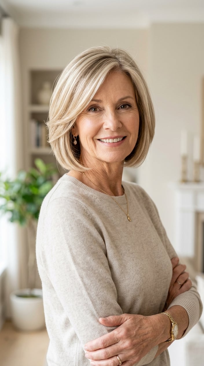 An older woman with a champagne blonde layered bob hairstyle and a side part, smiling gently against a light background.