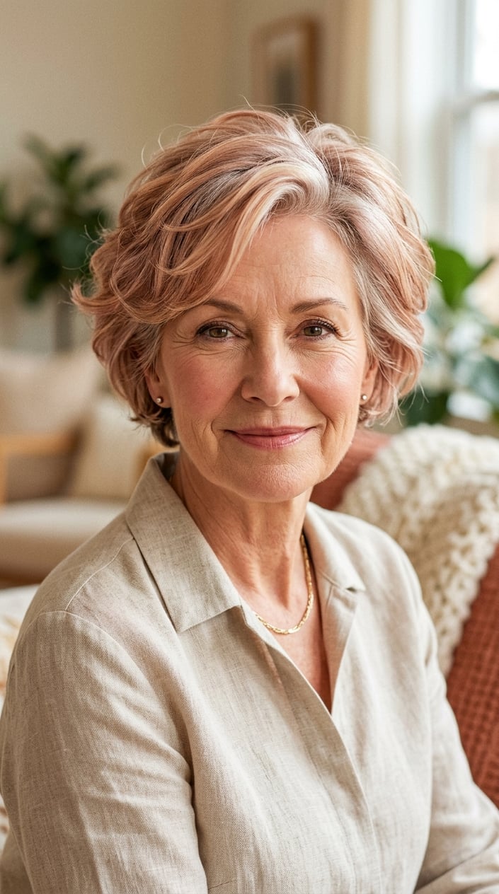 An older woman with a short rose-champagne blonde hairstyle smiling gently against a warm blurred background.