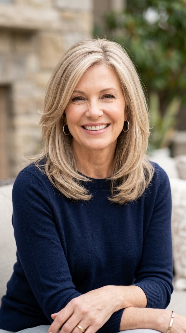 A mature woman with mid-length layered blonde hair smiling against a neutral background.