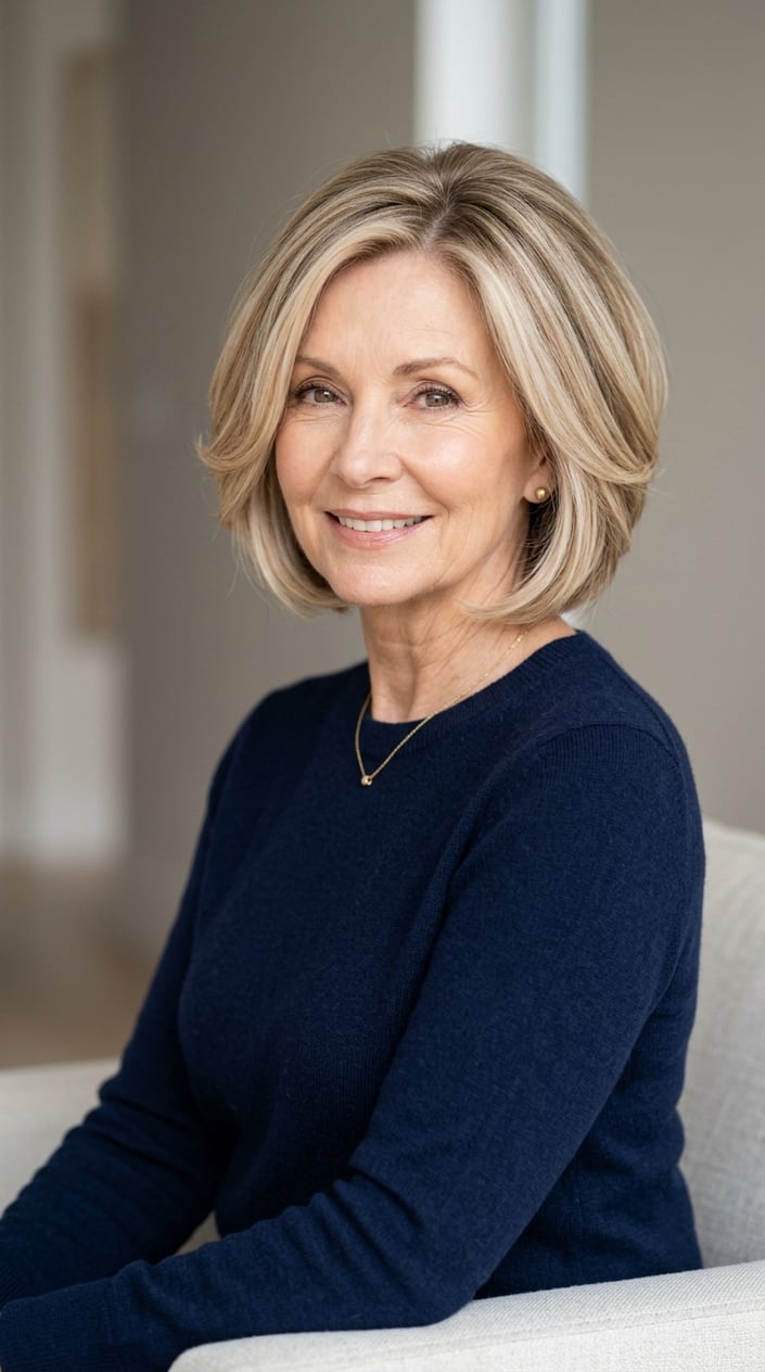 An older woman with a stacked bob haircut and champagne blonde balayage smiling against a neutral background.