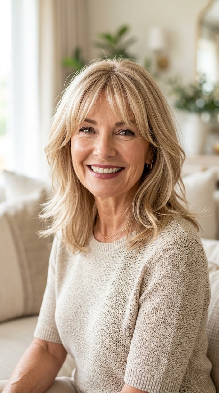 An older woman with sandy champagne blonde hair and soft curtain bangs smiling gently against a light background.