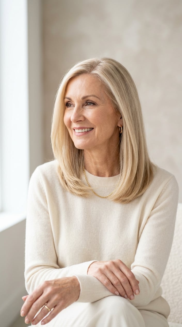 An older woman with shoulder-length blonde hair smiling against a plain background.