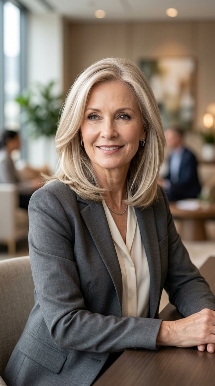 An older woman with champagne blonde hair and ashy lowlights smiling gently against a blurred neutral background.