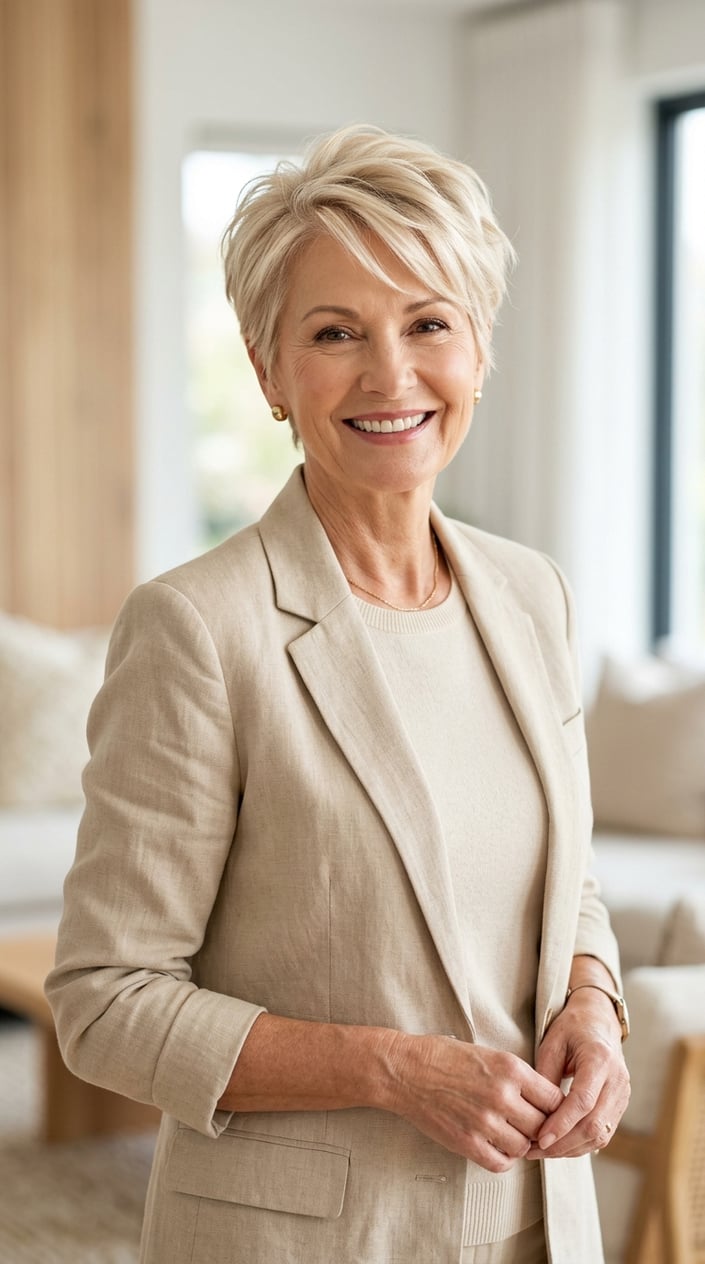 An older woman with short bright blonde hair smiling against a light background.