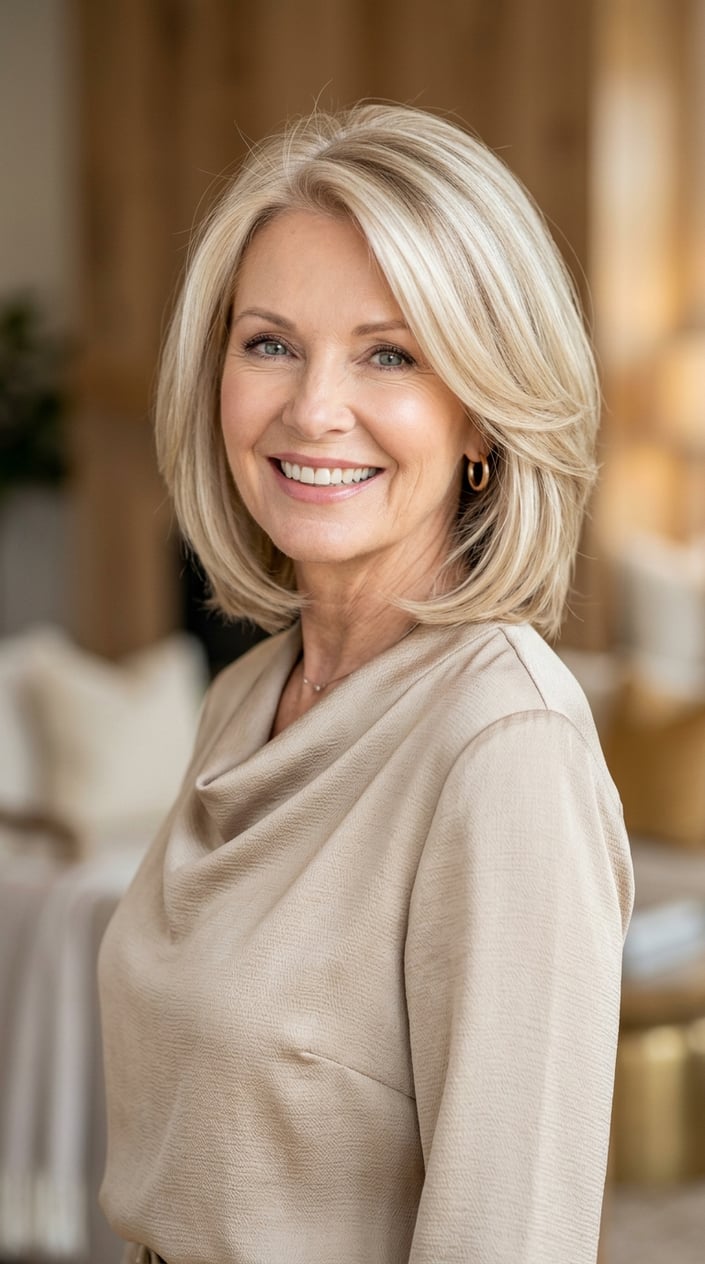 An older woman with champagne blonde hair smiling gently against a warm blurred background.