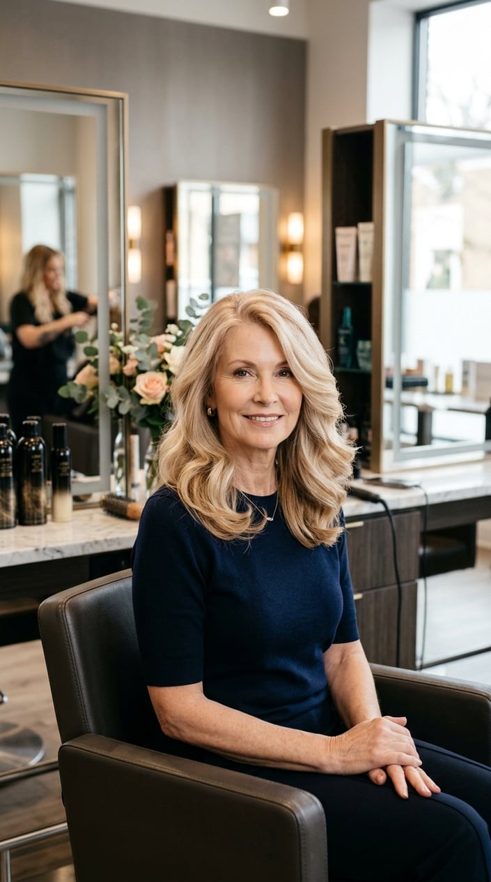 An older woman with champagne blonde hair sitting in a salon, smiling gently.