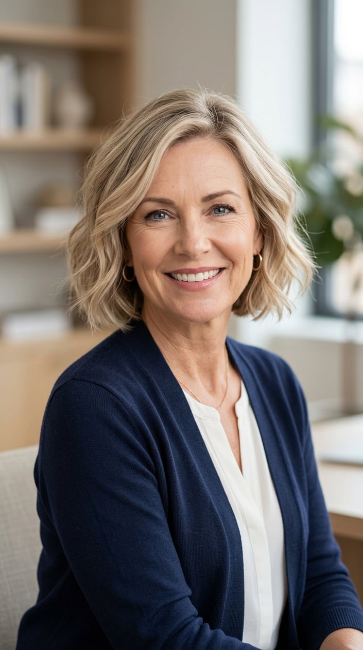 A mature woman with a short blonde bob hairstyle smiling gently at the camera against a neutral background.