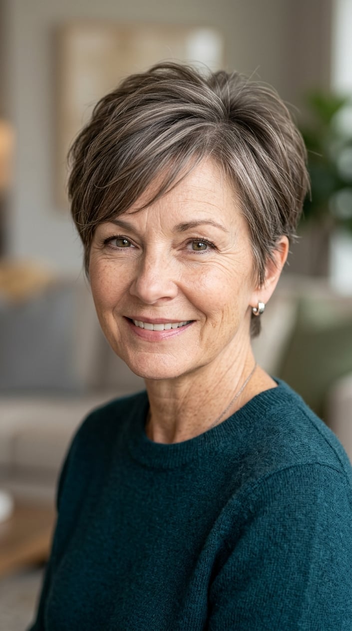 A smiling mature woman with short mushroom brown and ash-taupe highlighted hair styled in a pixie cut.