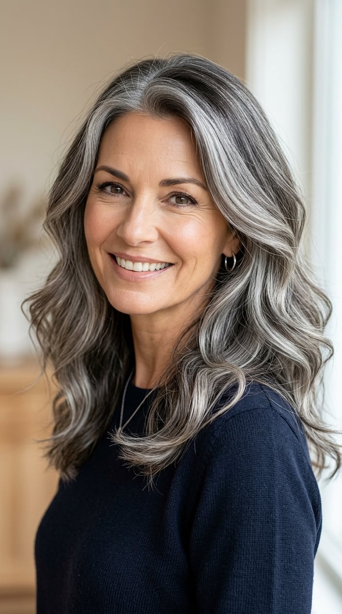Close-up of a mature woman with dark brunette hair blended with silver balayage, styled in soft waves.