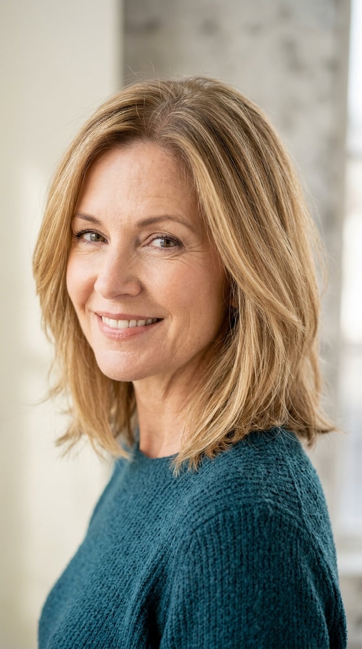 A mature woman with a honey blonde lob haircut featuring shadow roots and fine highlights, smiling gently against a neutral background.