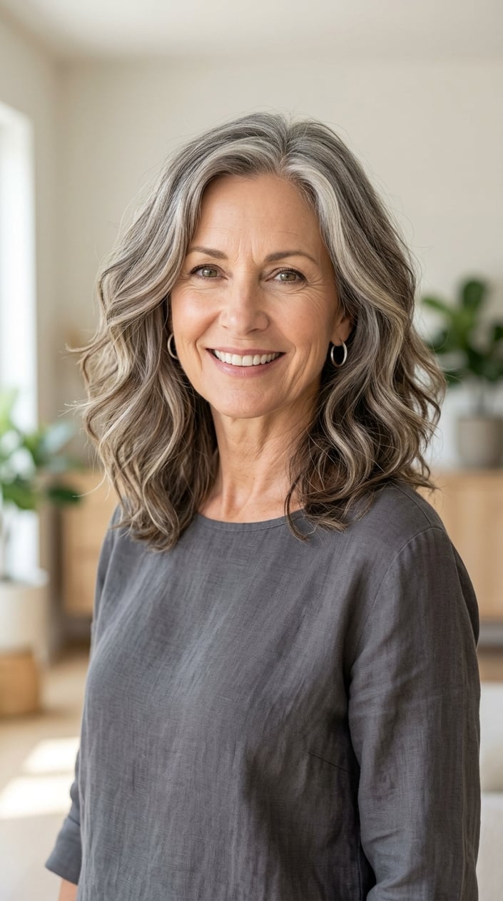 A smiling mature woman with shoulder-length mushroom brown and gray blended hair standing against a neutral background.