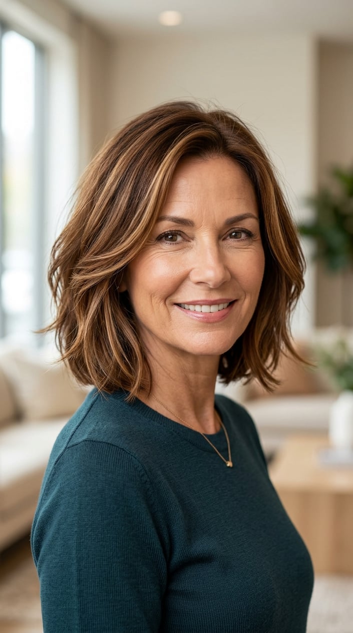A smiling mature woman with warm chestnut brown hair and caramel highlights framing her face.