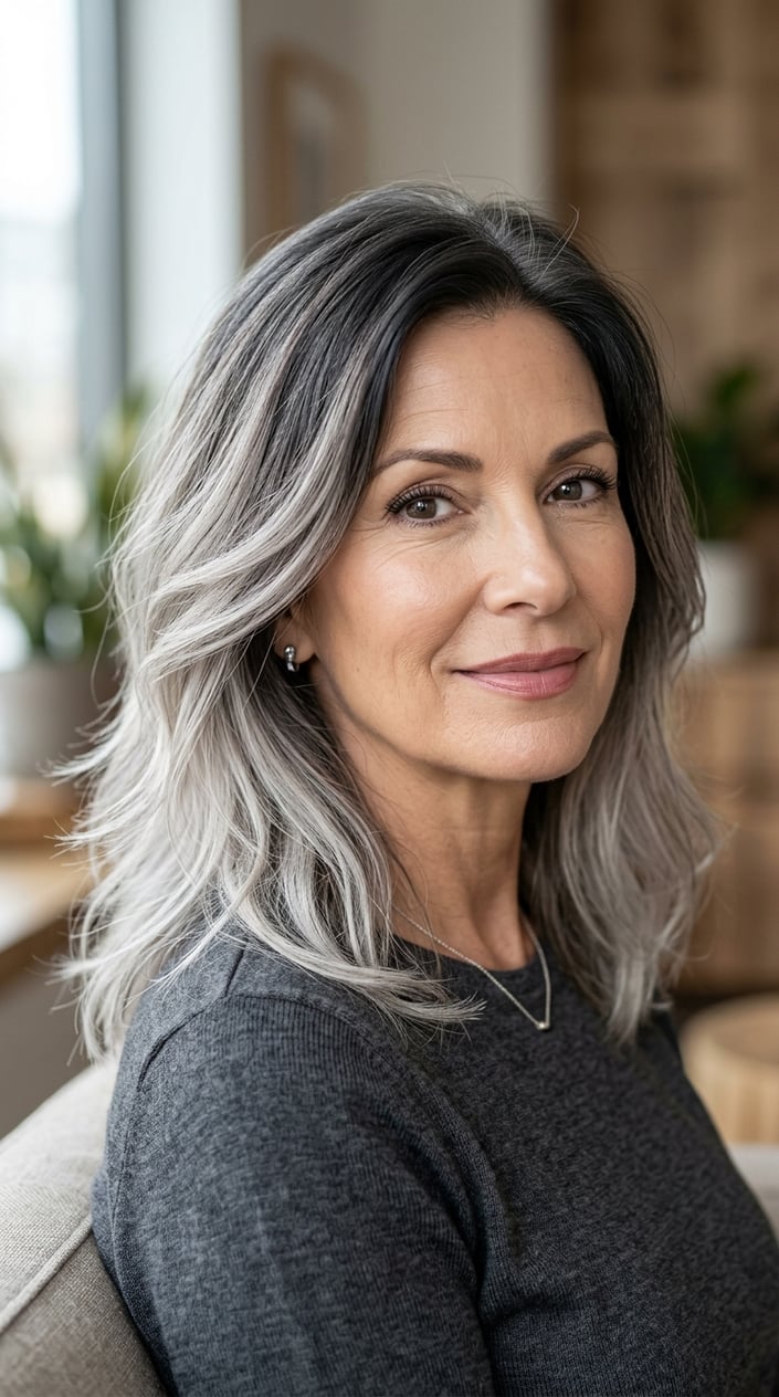 Close-up portrait of a mature woman with dark roots blending into soft silver hair ends, looking confidently ahead.