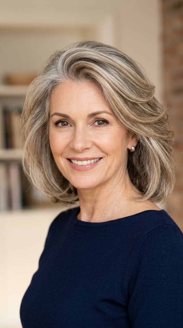 A mature woman with silver-blended dark blonde hair and pearl highlights, smiling gently against a neutral background.