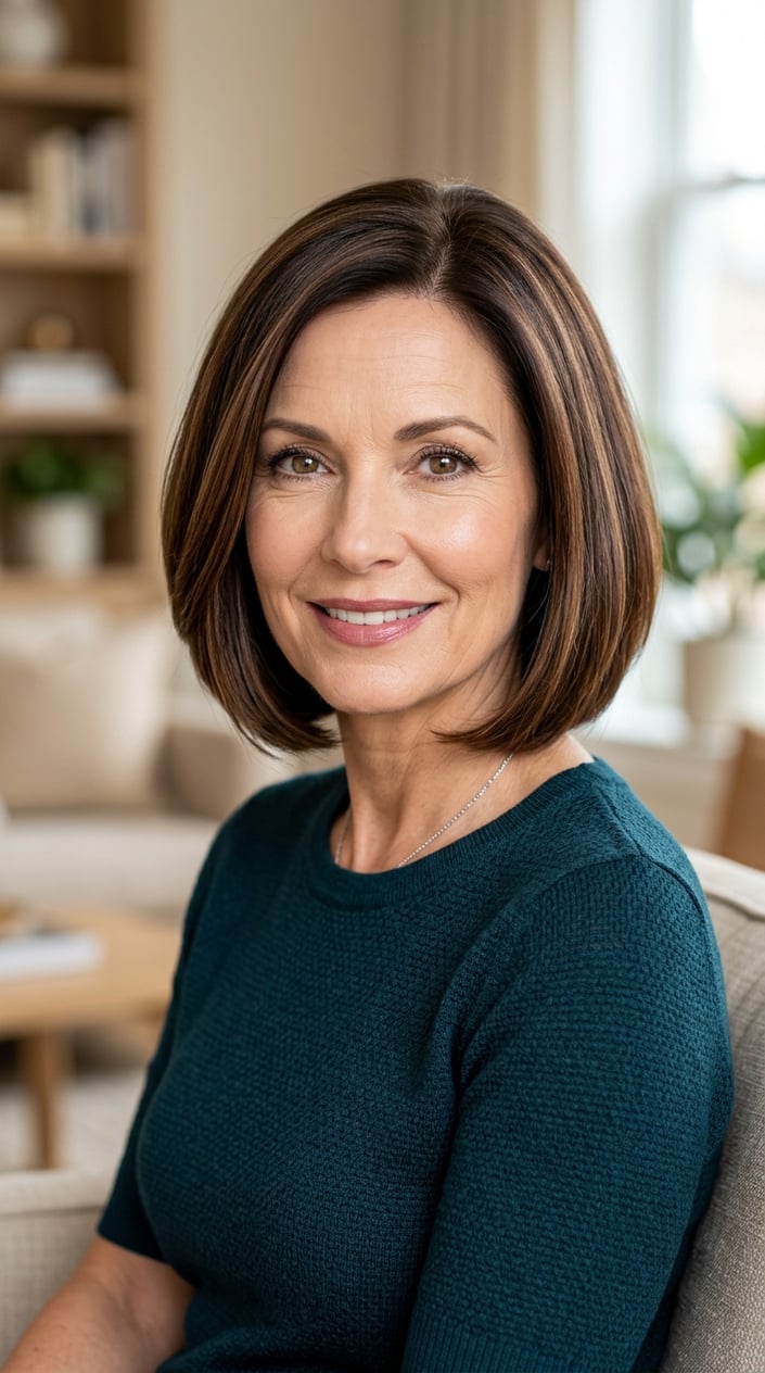 A mature woman with a brown bob hairstyle featuring mocha and cinnamon highlights, smiling gently at the camera.