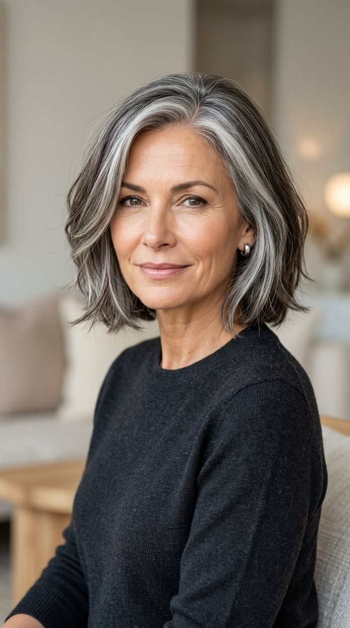 A mature woman with gray face-framing highlights in her hair, smiling gently against a neutral background.
