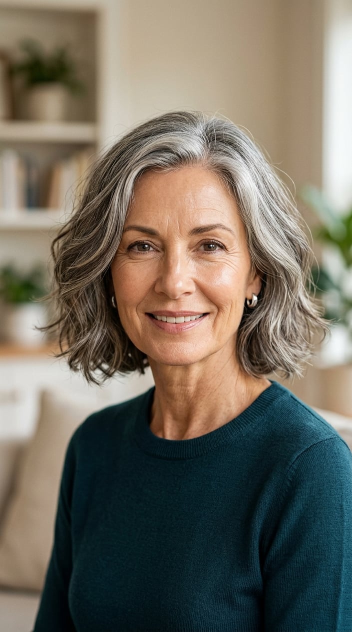 A mature woman with salt-and-pepper hair showing natural dimension and texture, smiling softly against a neutral background.