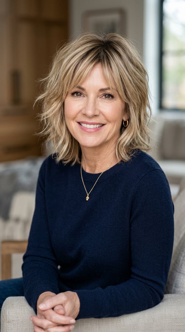 A mature woman with sandy blonde shag haircut and natural root color smiling gently against a neutral background.