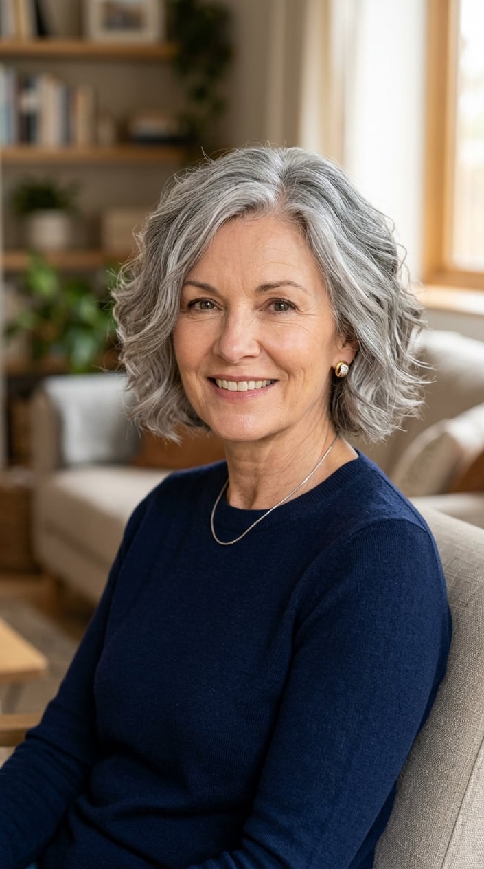 A smiling mature woman with natural gray hair highlighted with icy babylights.