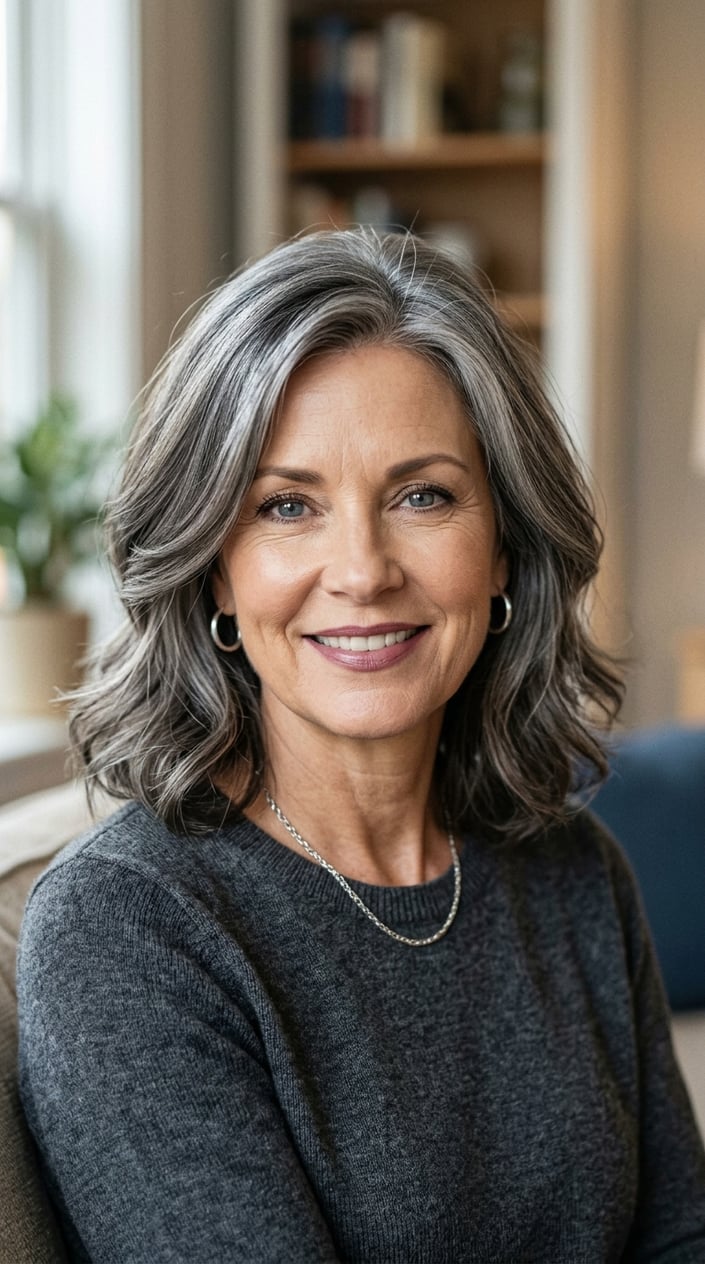 A mature woman with smoky gray hair and graphite lowlights, smiling gently and looking confident.