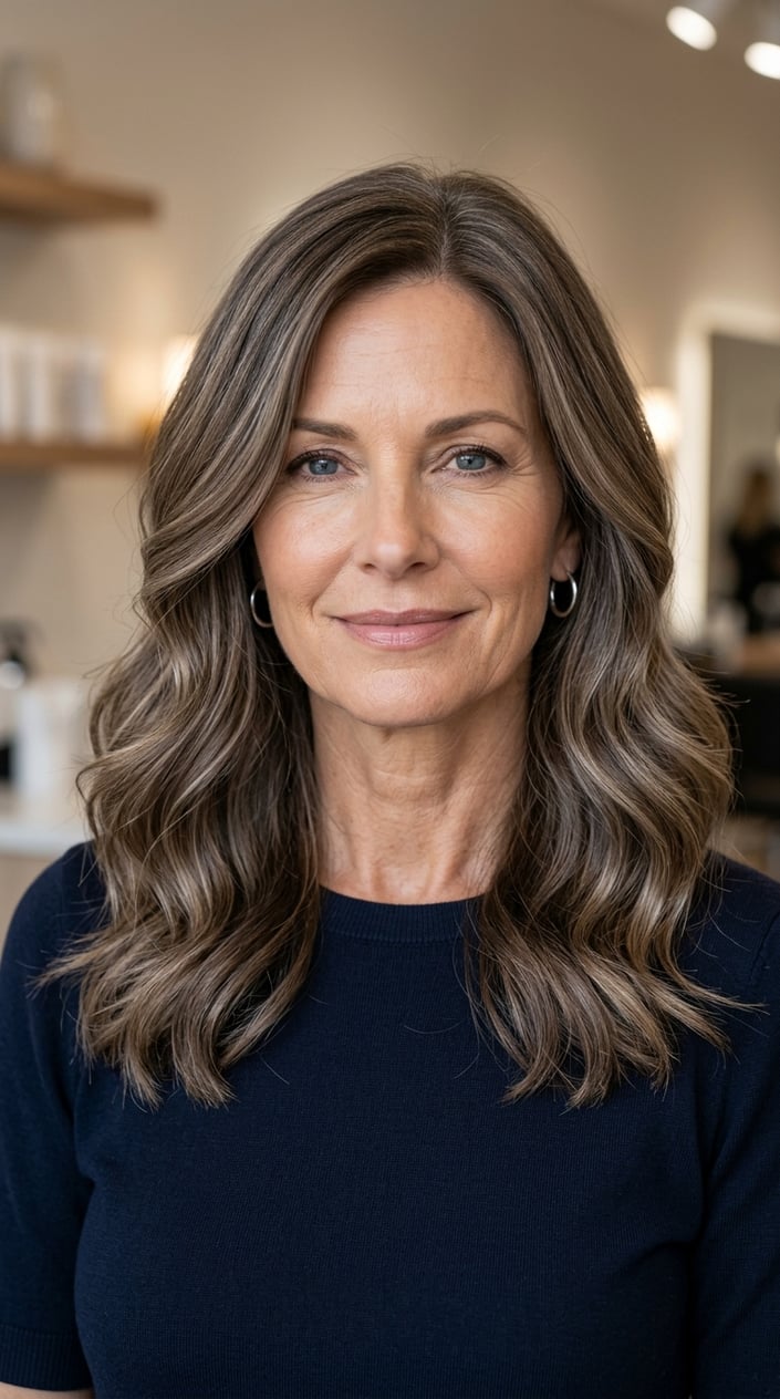 Close-up of a mature woman with ash brown hair blending gray strands, smiling gently.