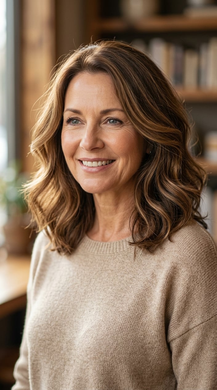 A smiling middle-aged woman with shoulder-length brunette hair and subtle lighter highlights, standing against a warm blurred background.