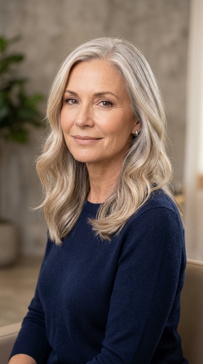 A mature woman with fine hair styled in a blend of champagne blonde and gray tones, smiling gently against a neutral background.