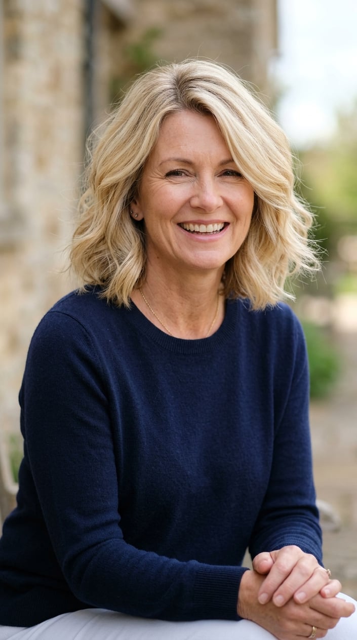 A mature woman with creamy vanilla blonde hair and soft root smudge, smiling gently against a neutral background.
