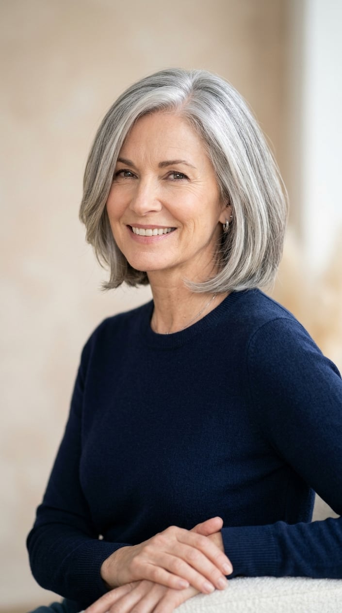 A mature woman with naturally silver hair styled to show smooth, glossy pewter tones and subtle gray blending.
