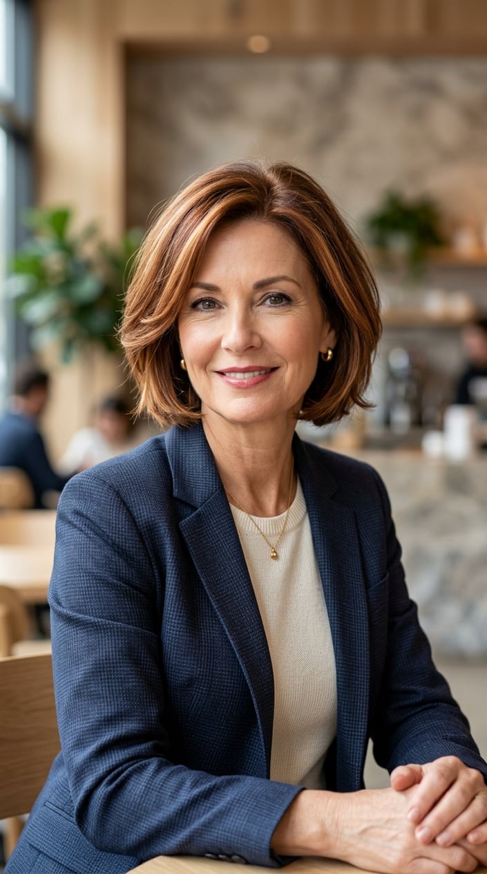 A mature woman with light auburn brown hair and copper highlights around her face, smiling gently against a neutral background.