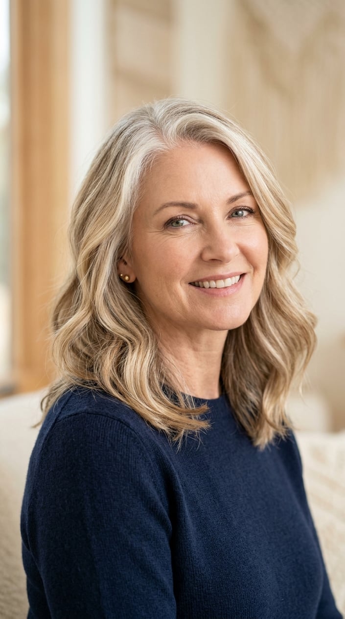 A smiling mature woman with beige blonde highlighted hair blending into white roots.