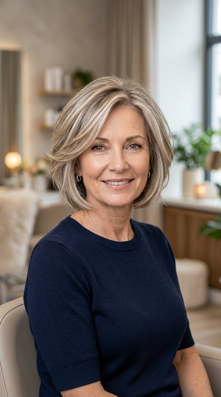 A smiling mature woman with cool beige blonde hair and subtle highlights, looking confident.
