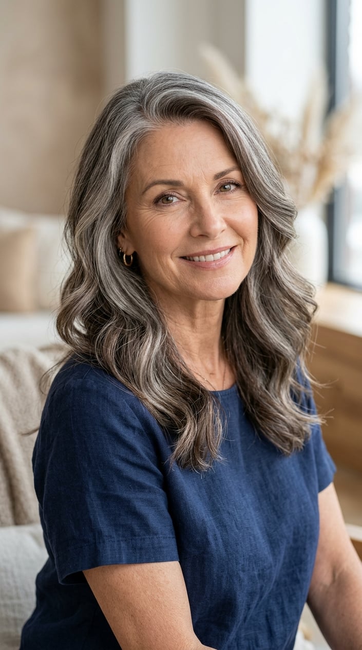 Close-up of a mature woman with gray hair featuring blended espresso and silver highlights, smiling softly against a neutral background.
