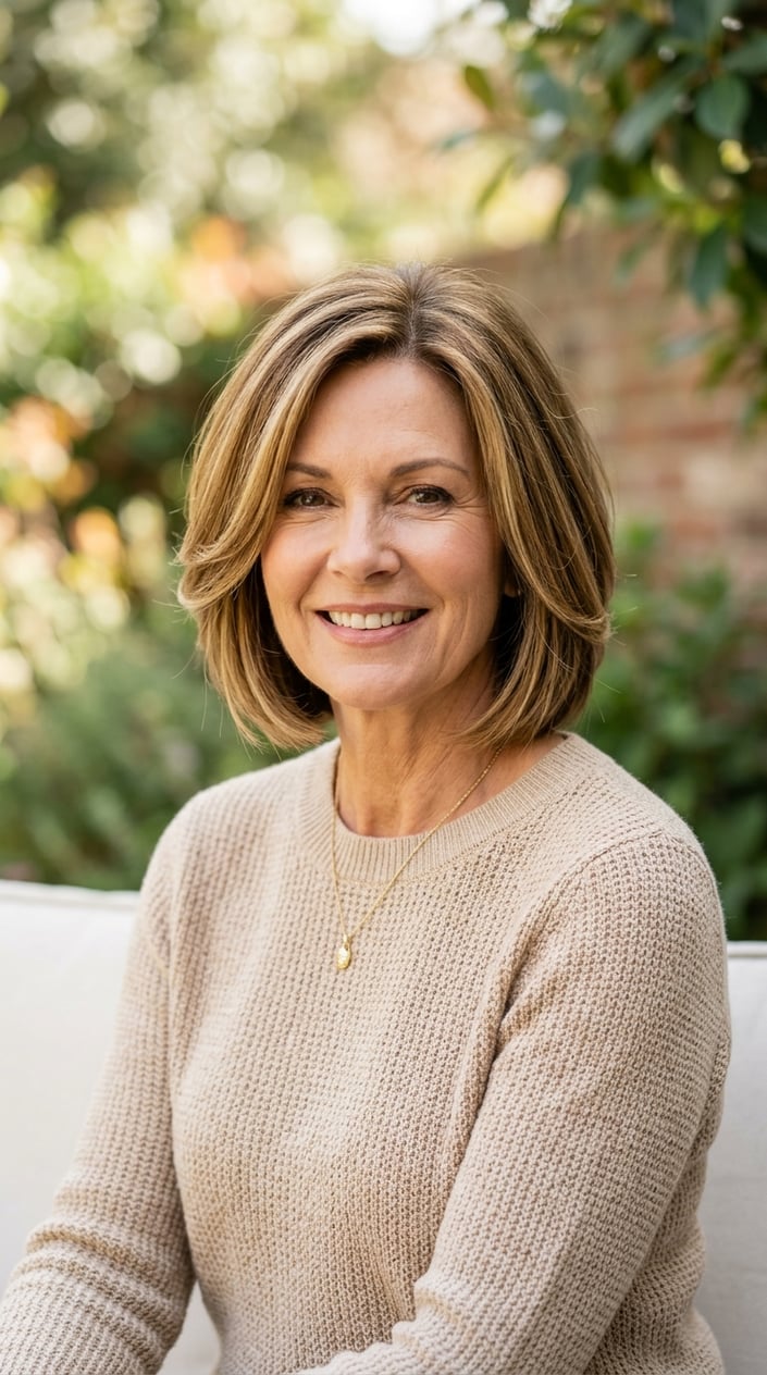 A smiling mature woman with a dark blonde bob hairstyle with golden honey lowlights.